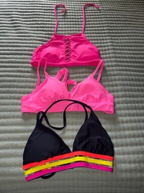 Bright Pink and Black Strappy Bikini Tops - Neon Accent small